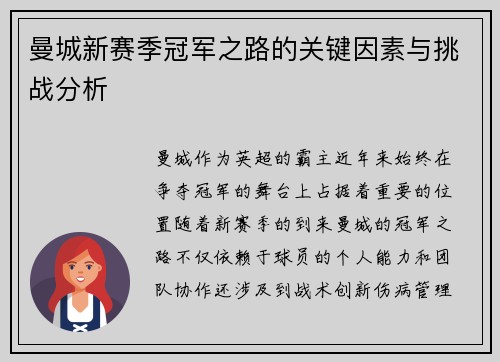 曼城新赛季冠军之路的关键因素与挑战分析