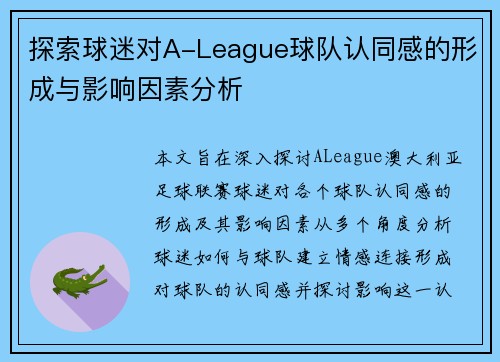 探索球迷对A-League球队认同感的形成与影响因素分析 探索球迷对A-League球队认同感的形成与影响因素分析